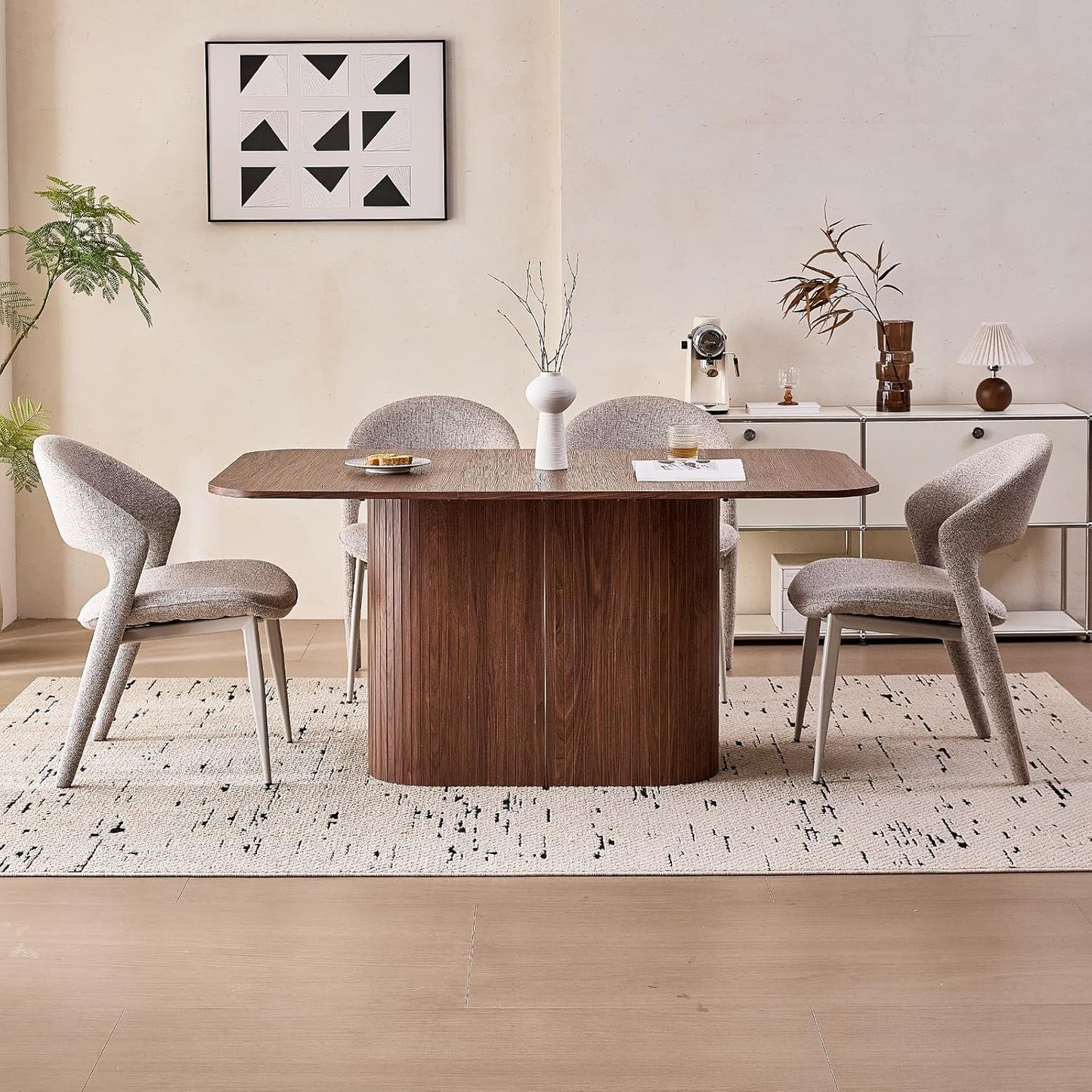 63" Large Dining Table for 4 6 Person, [Rounded Corners] [Wood Strip Pedestal Base] Farmhouse Modern Rectangle Kitchen Dinner Table