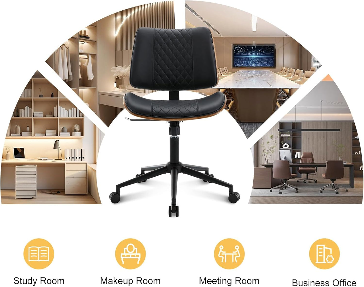 BV Small Desk Chair, Mid Century Office Chair with Bentwood Back, Armless Task Swivel Chair with Wheels, Mid Back No Arms, Faux Leather Office Chairs for Small Space, Black