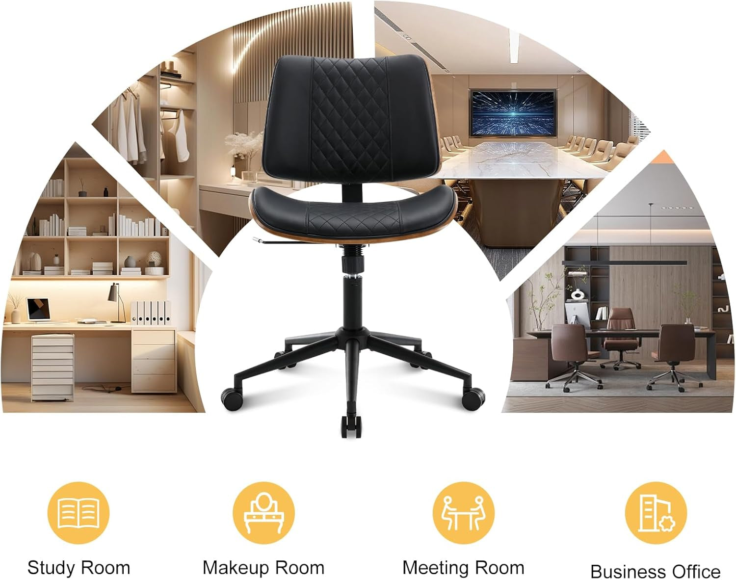 BV Small Desk Chair, Mid Century Office Chair with Bentwood Back, Armless Task Swivel Chair with Wheels, Mid Back No Arms, Faux Leather Office Chairs for Small Space, Black