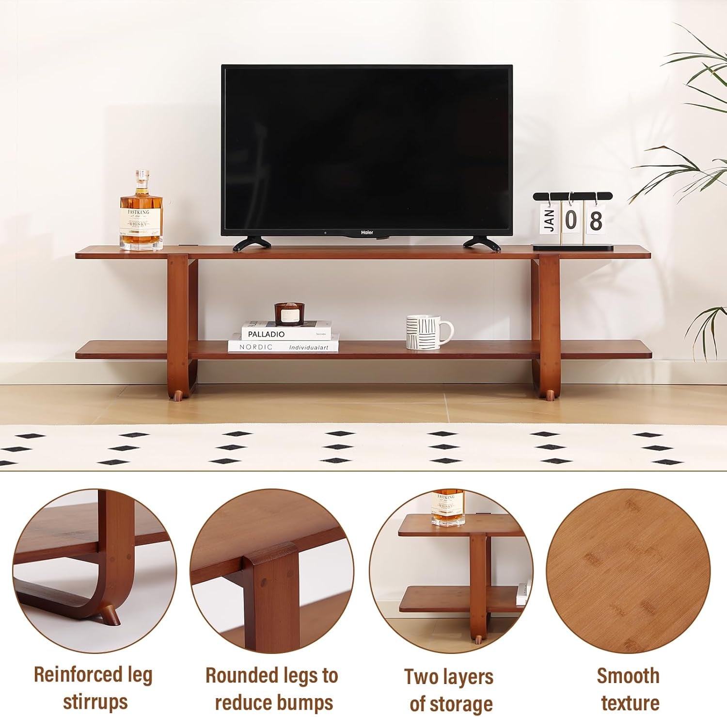 TV Stand with Storage for Tvs up to 65'', Bamboo TV Console Entertainment Center with 2 Open Shelf, Mid Century Modern Media Console for Living Room, Bedroom, Walnut
