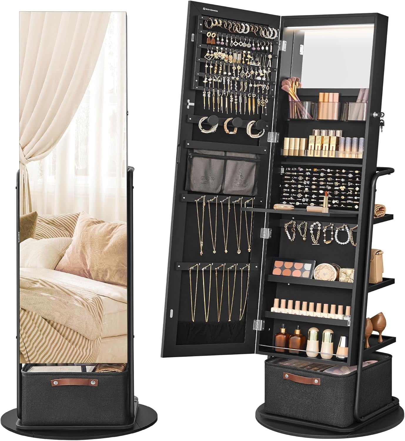 360° Swivel Mirrored Jewelry Cabinet with Lights, Full-Length Mirror with Jewelry Storage, Standing Jewelry Armoire Organizer, with Large Storage Basket, Makeup Shelf, Cloud White UJJC018W01