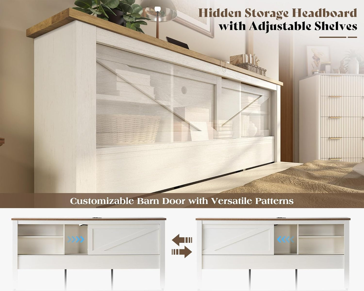 King 47.2" H Bed Frame with Hidden Space Bookcase Headboard and Charging Station, Beds with 2 Storage Drawers and Wood Slats, No Box Spring Needed, White & Barnwood