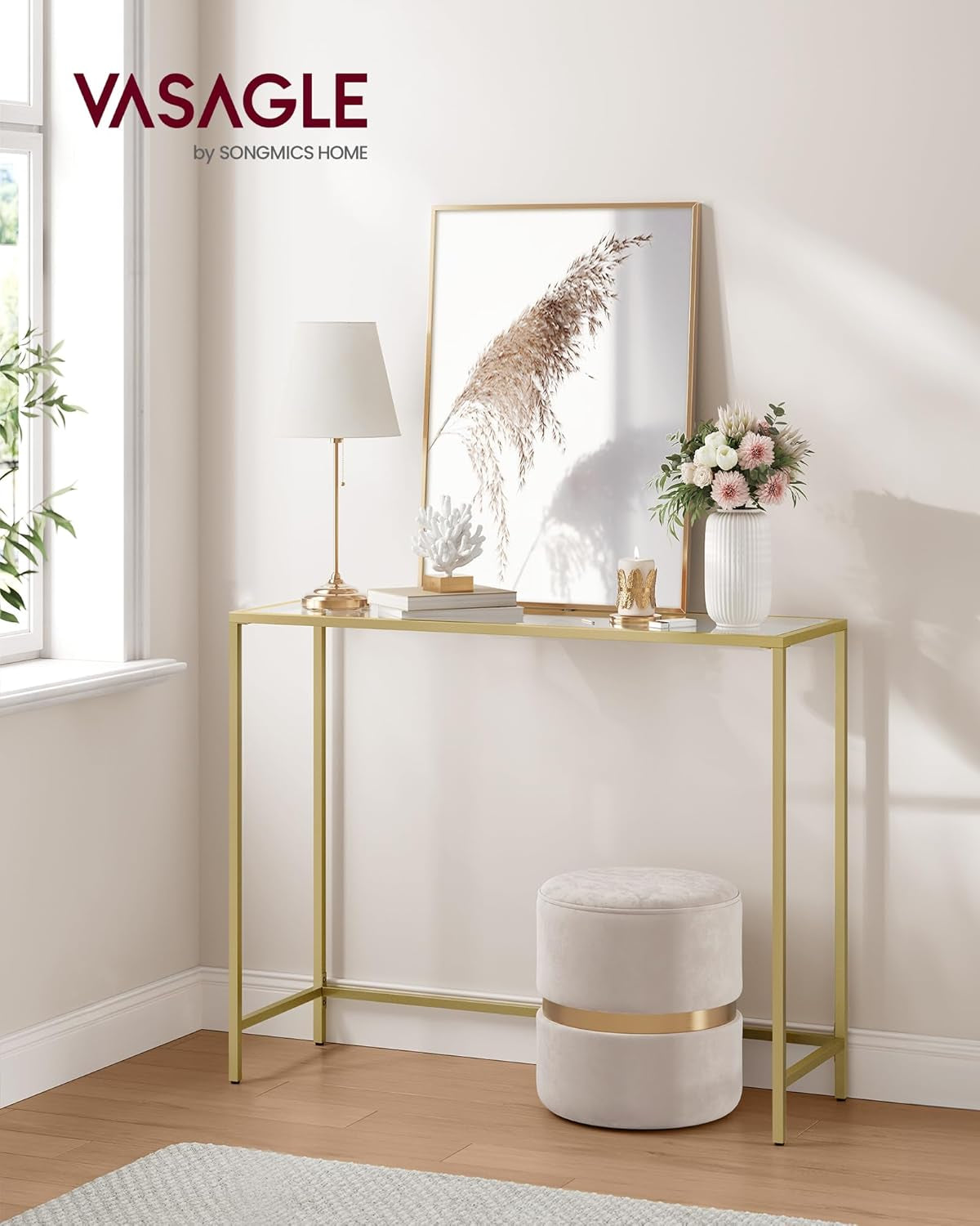 Entryway Table, Console Table, Tempered Glass Tabletop, Modern Sofa Table, Easy Assembly, with Adjustable Feet, for Living Room, Entryway, Pale Gold and Transparent ULGT132A01