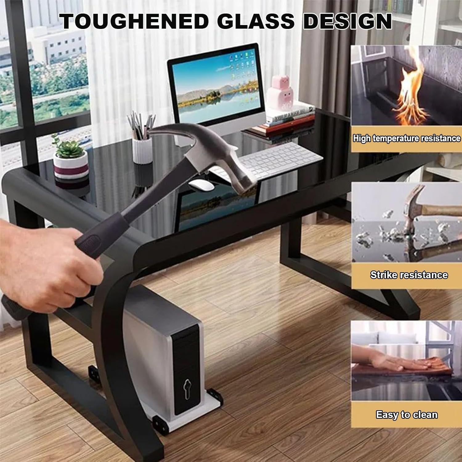 Computer Desk with Storage Shelves, Gaming Table with Tempered Glass Top and Metal Frame, Modern Simple Writing Desk Table for Home Office Workstation