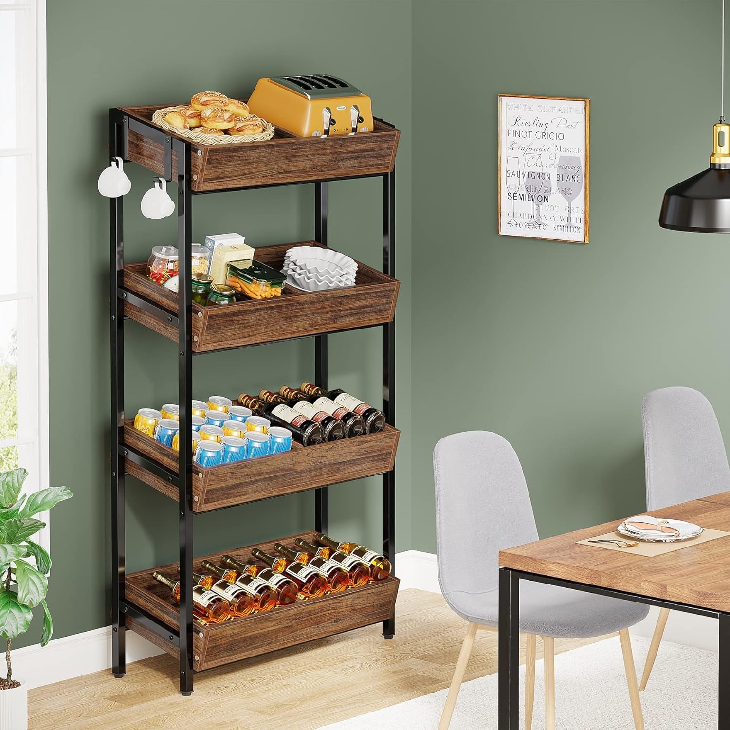 Wood Fruit and Vegetable Basket Stand Rack for Kitchen, Office, Store, Supremarket, Pantry Shelf Unit for Snacks, 4-Tier Wooden Utility Storage Shelves (Brown+Black)