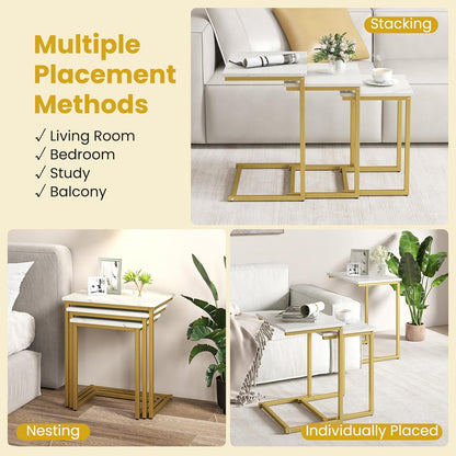 Nesting Coffee Tables Set of 3, Rectangular Nesting Center Table with Faux Marble Top & Metal Frame, Modern C-Shaped Nested Side Table Set for Living Room, Bedroom, Gold & White