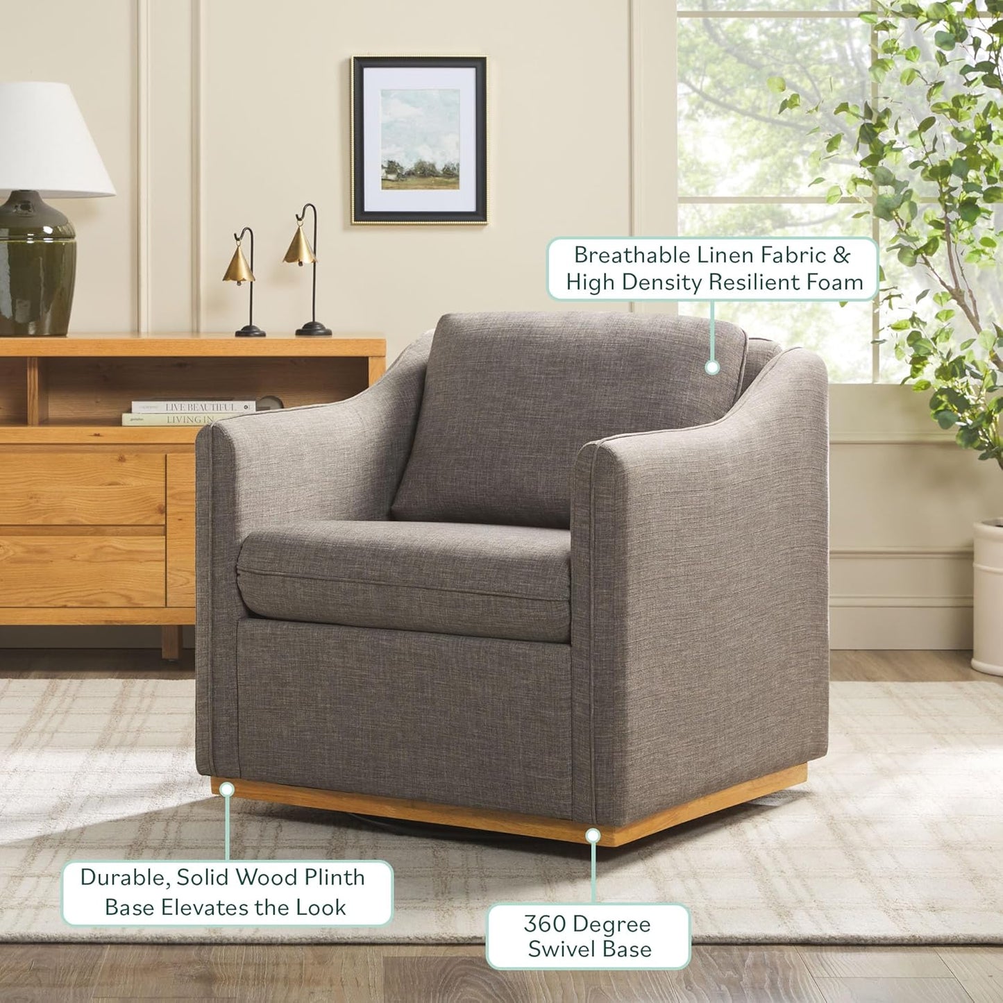 Nash Modern Farmhouse Linen Swivel Accent Chair, Dark Grey