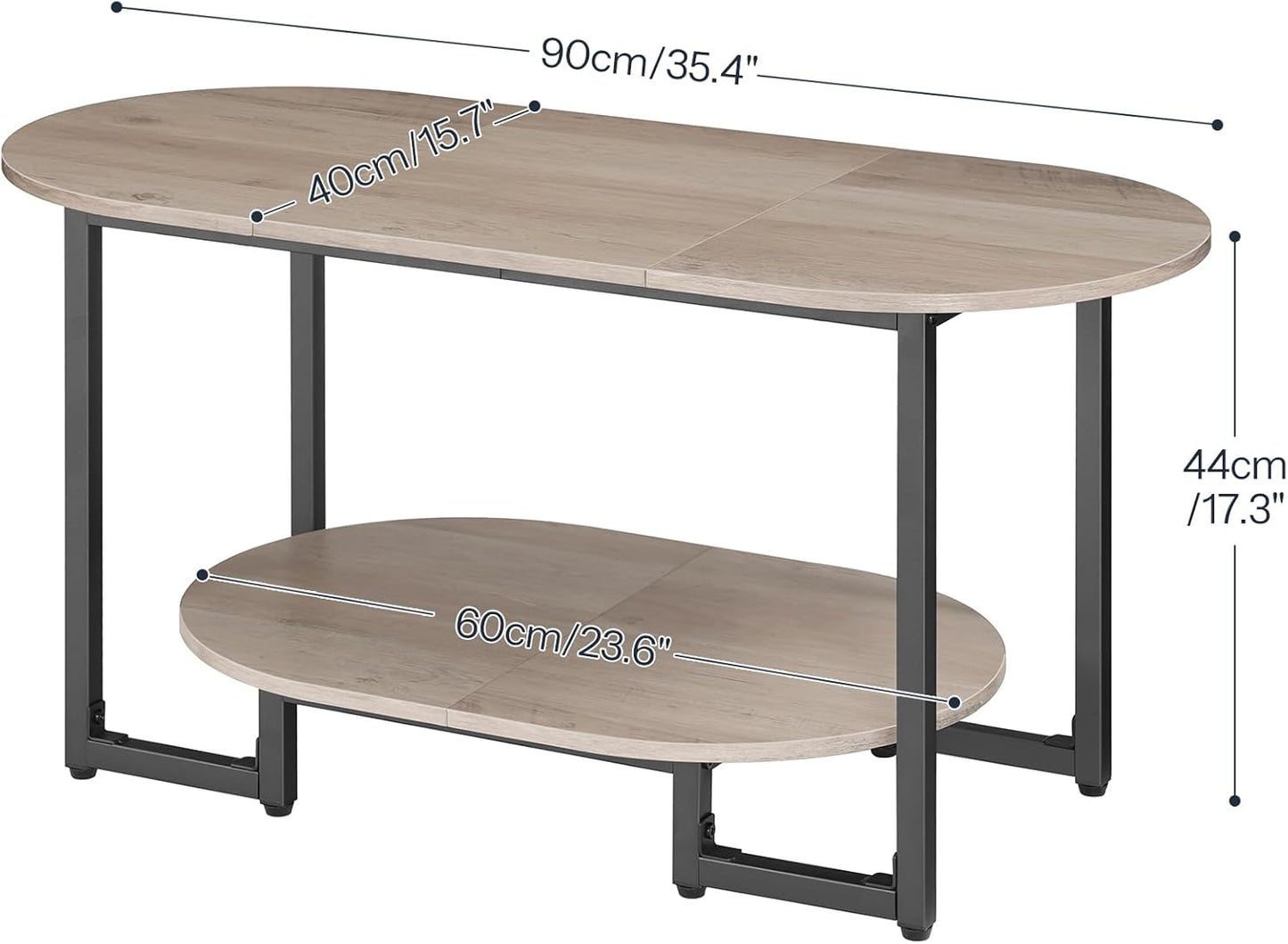 Coffee Table for Living Room, Oval Small Coffee Table with 2-Tier Open Storage Shelf, Industrial Cocktail Tea Table, Wooden Desktop Center Table, Farmhouse, Home Office, Greige BG09KF01