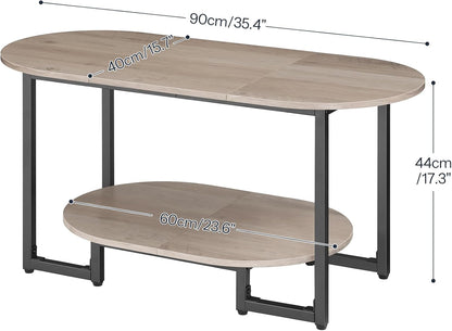 Coffee Table for Living Room, Oval Small Coffee Table with 2-Tier Open Storage Shelf, Industrial Cocktail Tea Table, Wooden Desktop Center Table, Farmhouse, Home Office, Greige BG09KF01