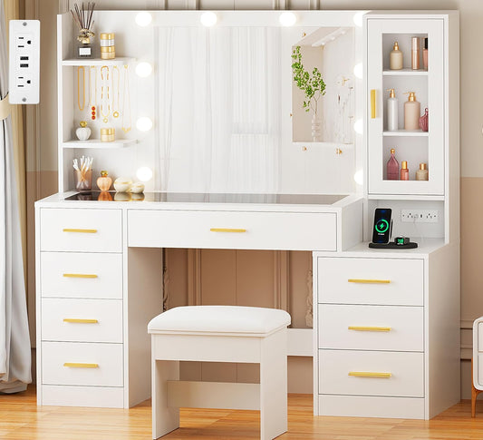 49.2" Large Vanity Desk with Mirror and Lights White Makeup Vanity Desk with Glass Top and Power Outlet 8 Drawers Nightstand 5 Hooks Vanity Table with Stool for Bedroom Women Girls UBDT88W