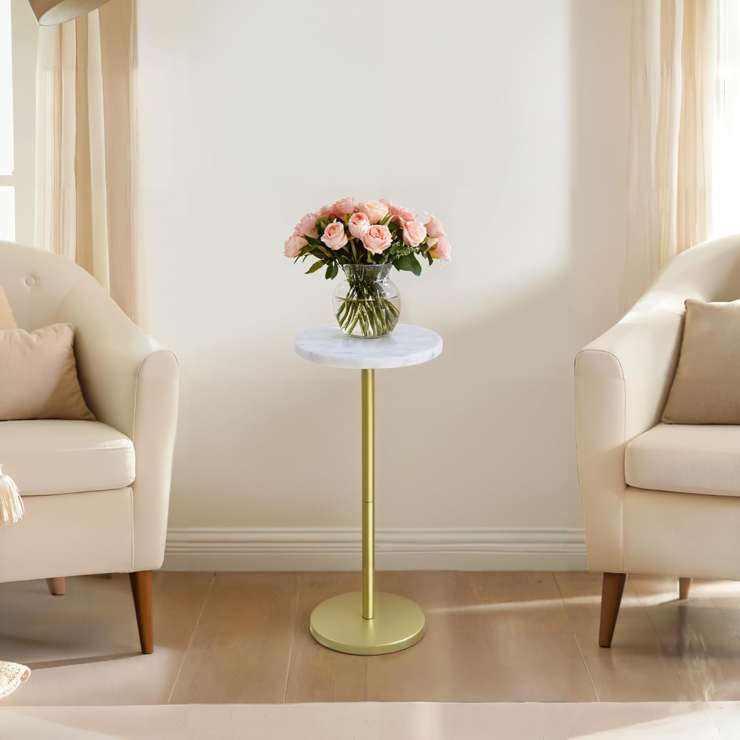 Nature Marble Drink Table, Pedestal Table, Small round Side Table, Martini Table for Living Room, Bathroom, Small Space (White)