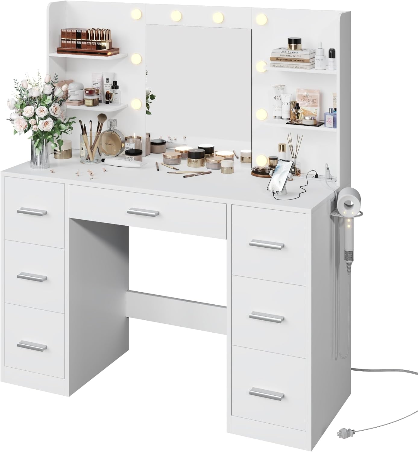 Vanity Desk with Mirror, Power Outlet and 10 Lights, Makeup Table with 7 Drawers, 3 Color Modes Available for Bedroom, White