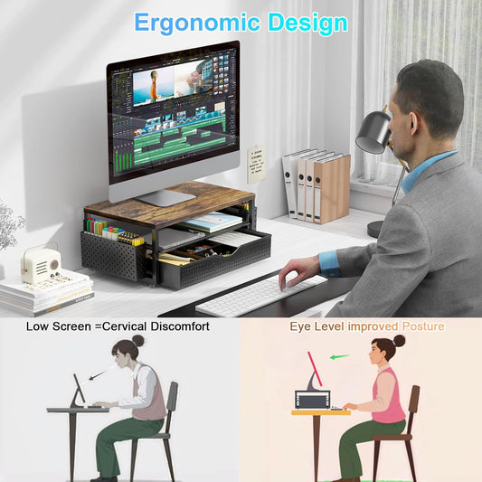 Wood Monitor Stand Riser, Office Desk Shelf Organizer, Desk Organizer with Drawer and Pen Holder, 2-Tier Computer Stand, Office Organization (Wood)