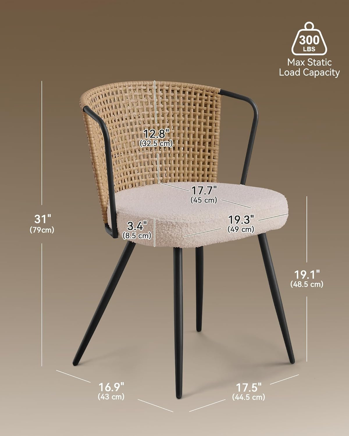 Rattan Dining Chairs Set of 4 - Farmhouse Upholstered Cane Back Kitchen Chair with Boucle Cushion, Wingback Dining Room Seat with Metal Legs for Home, Kitchen (Brown)