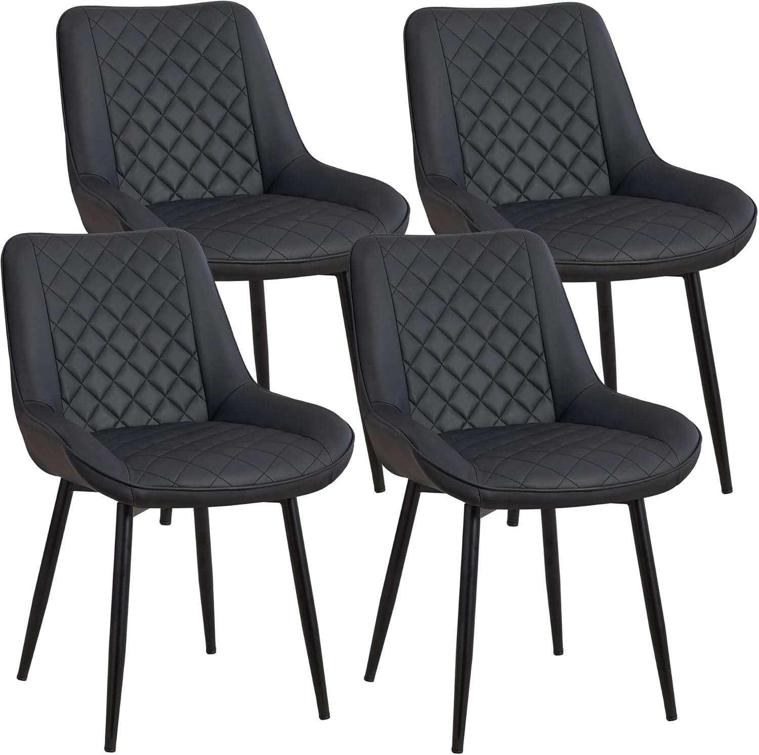 Dining Chair Set of 4, Modern Dining Chairs with Thick Cushions, Faux Leather Upholstered Kitchen Dining Room Chairs with Metal Adjustable Legs for Dining Living Room, Black