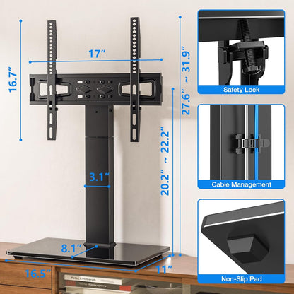 Universal Swivel TV Stand Table Top TV Stand for 32-65,70,75 Inch LCD LED TV up to 110 Lbs -Height Adjustable Center Pedestal Stand Replacement with Heavy Duty Tempered Glass Base