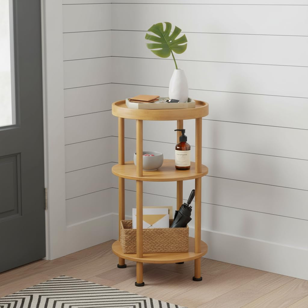 Bamboo Side Table, 3-Tier round End Table with Tray Top, Bathroom Storage Shelf & Plant Stand Indoor, Small Bedside Table Nightstand for Living Room, Bedroom-Brown