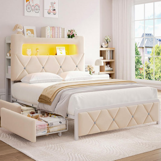 Full Upholstered LED Bed Frame with 2 Storage Drawers and 2-Tier Storage Headboard, Velvet Princess Platform Bed with Charging Station & Bookcase, Corner Bed Frame, Heavy Duty Metal Support, Beige