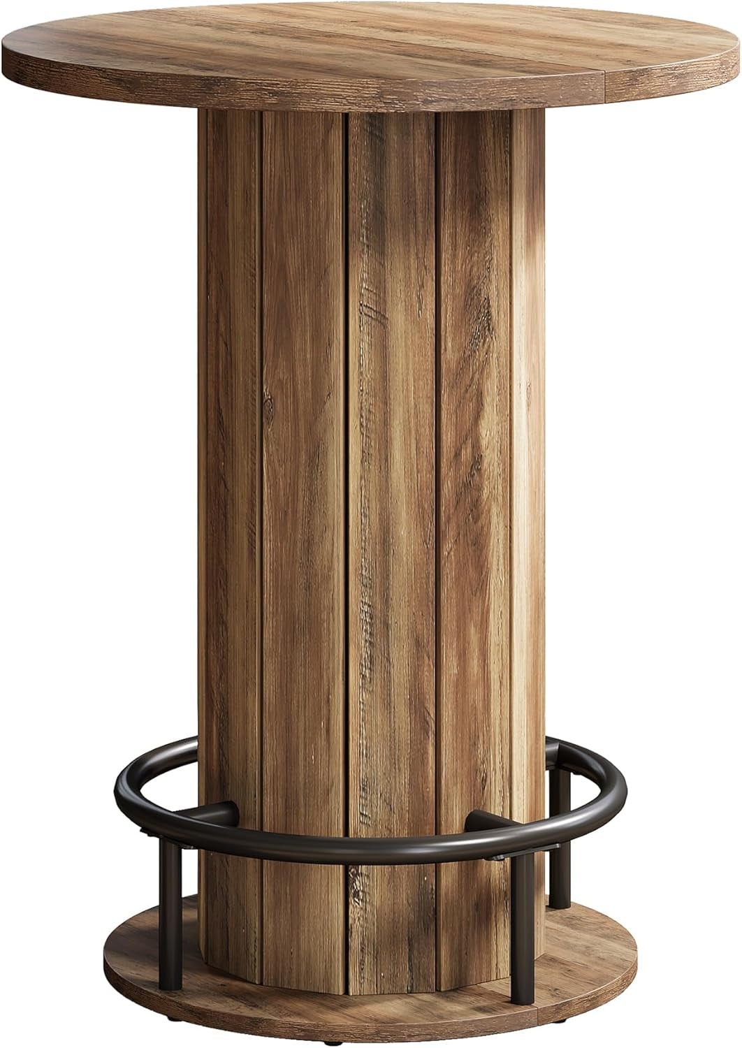 round Bar Table, 39.4" H Wood Bistro Pub Table with Metal Ring Footrest for Dining Coffee Cocktail Living Room, Small Space, Brown(Only Table)