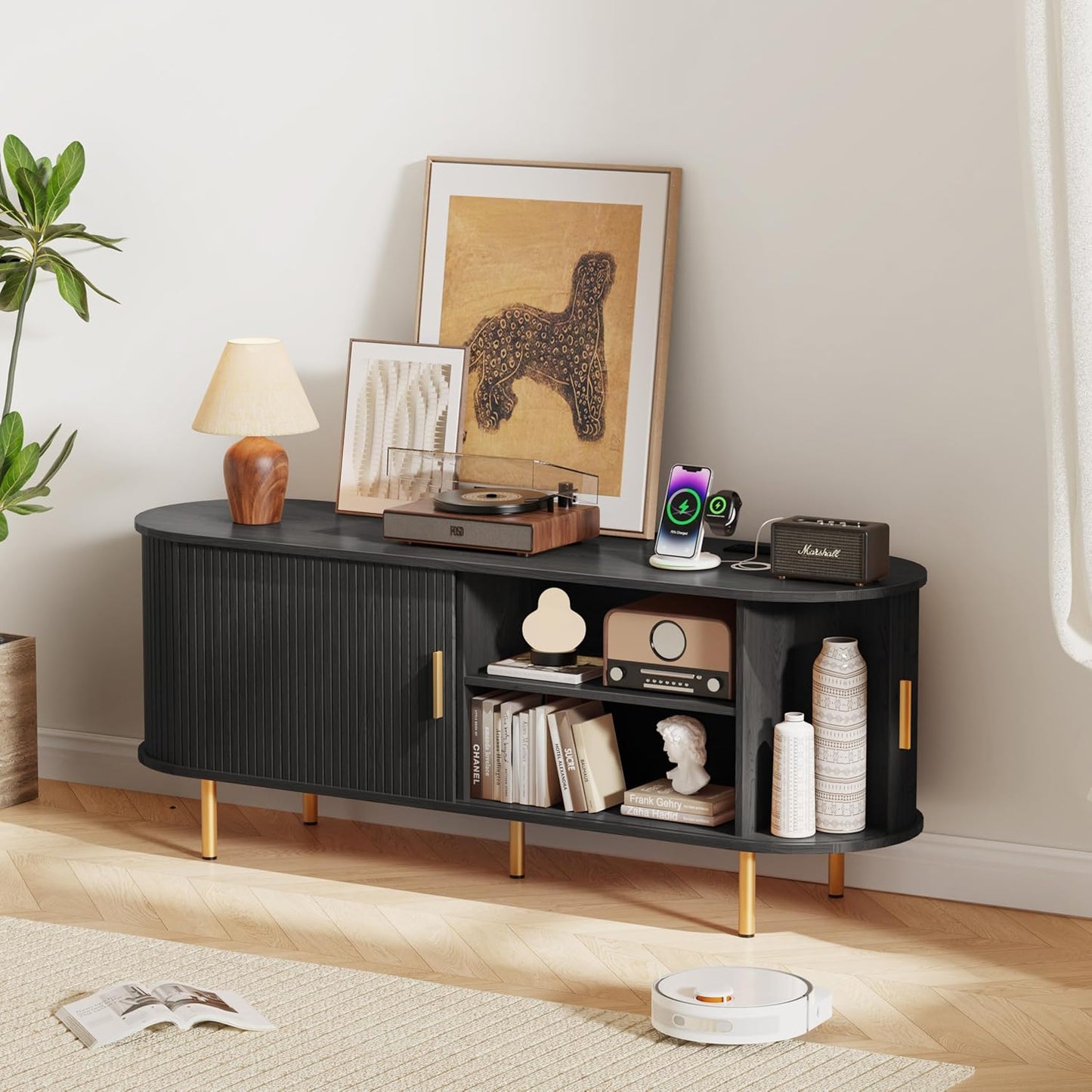 55 Inch Mid Century Modern TV Stand with Power Outlet for Tvs up to 60 Inch, Entertainment Center with Storage and Adjustable Shelves, Media Console with Sliding Doors for Living Room(Black)