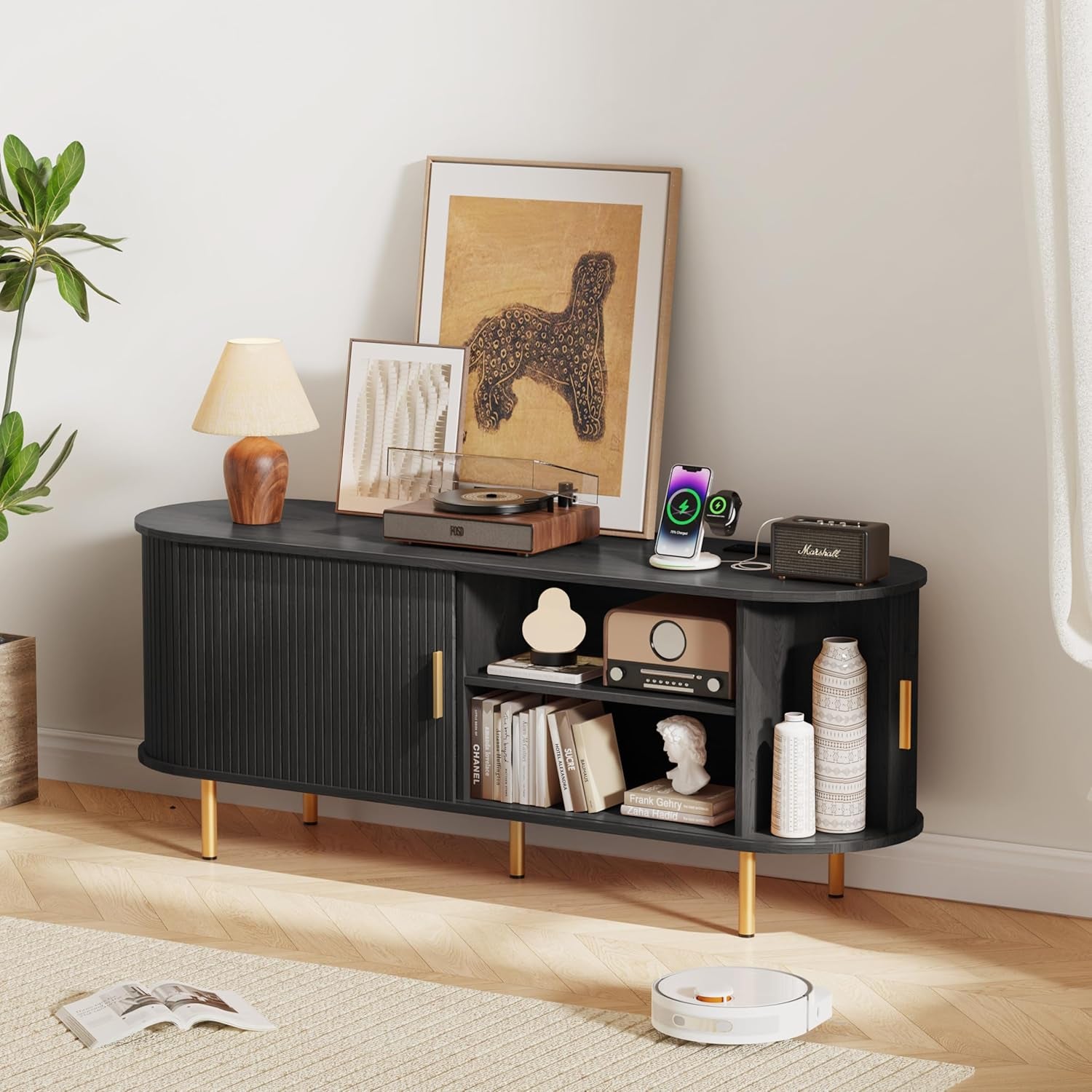 55 Inch Mid Century Modern TV Stand with Power Outlet for Tvs up to 60 Inch, Entertainment Center with Storage and Adjustable Shelves, Media Console with Sliding Doors for Living Room(Black)