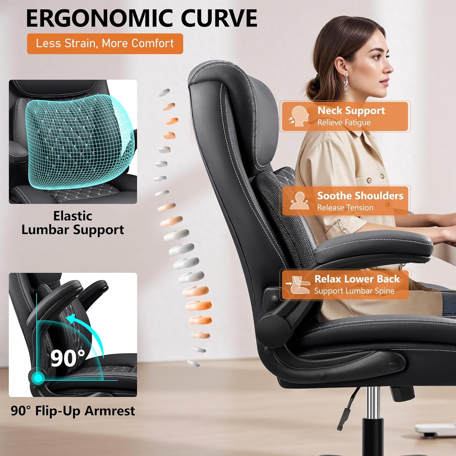 Office Chair,Ergonomic Office Chair with Lumbar Support for Lower Back Pain Relief, Executive Leather Chair with Padded Flip-Up Arms, Wheels and Adjustable Armrests, Black