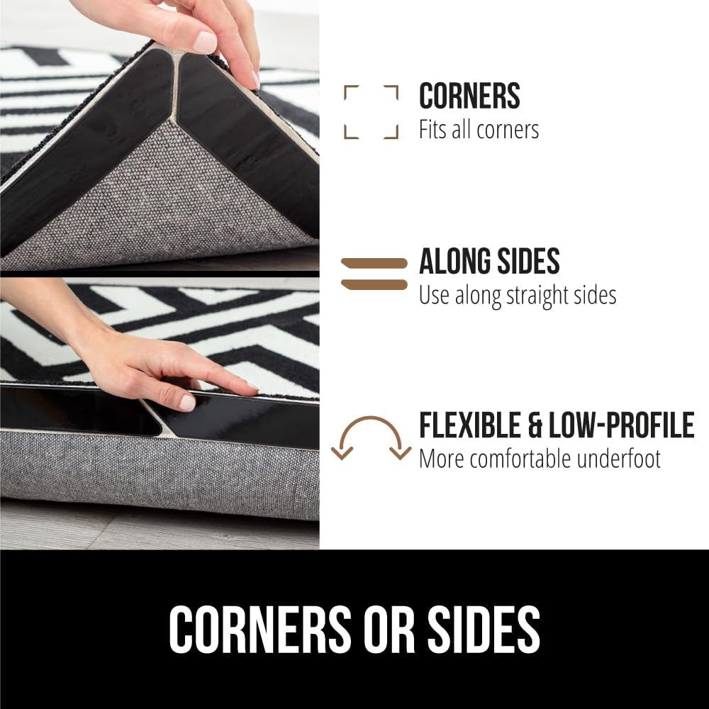 Rug Gripper Pads, Keep Area Rugs Corners from Curling and Bunching, Reusable Dual-Sided Flexible Sticky Pad, Grips Floor Underlayment, Hold Carpet in Place on Hardwood Floors, 8 Pack
