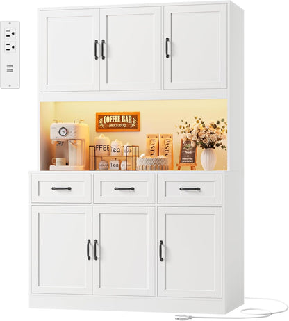 72" Tall Kitchen Pantry Cabinet with Charging Station | LED Lights, 47" W Kitchen Pantry Storage Cabinet with Countertop, Modern Kitchens Hutch Cabinets with Storage for Dining Room, White