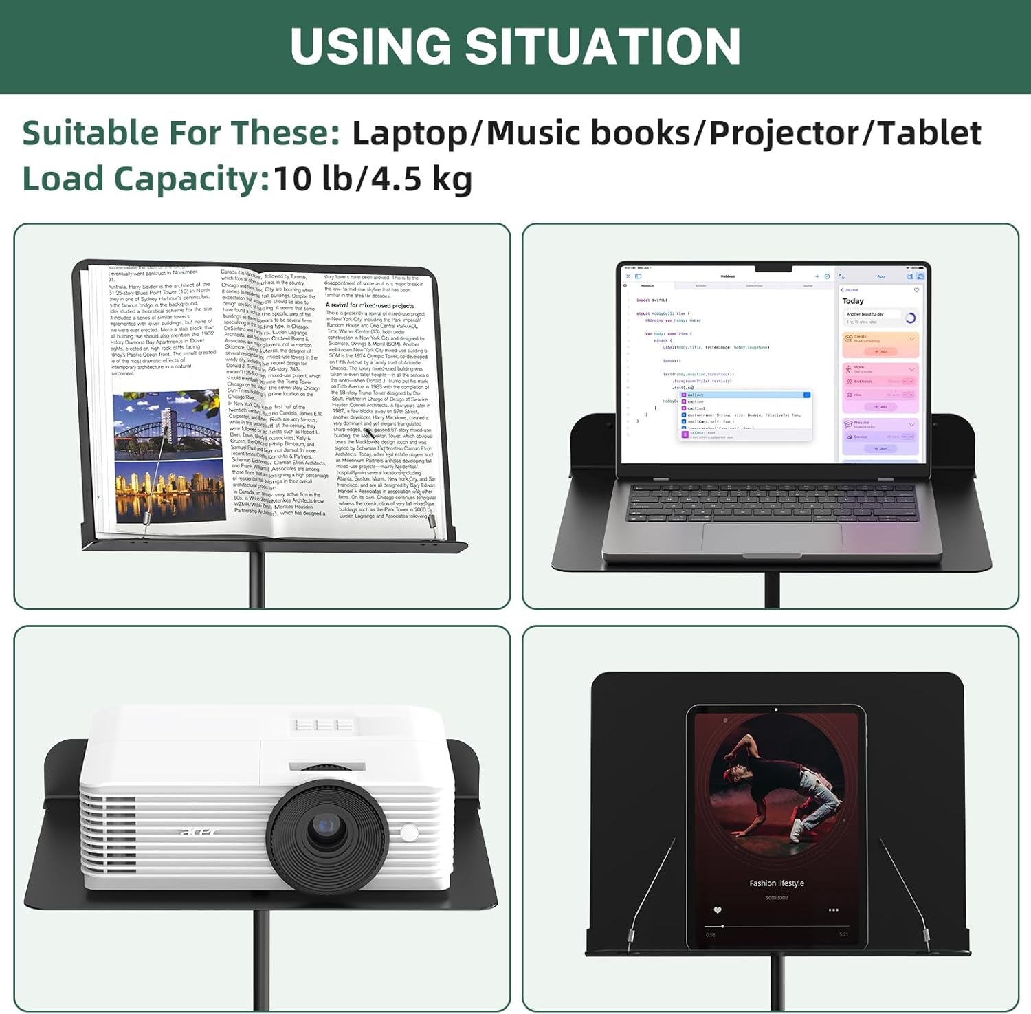 Sheet Music Stand - Full Metal with Carrying Bag, Phone Holder, Sheet Music Folder and Clip, 5 in 1 Desktop Book Stand - Black