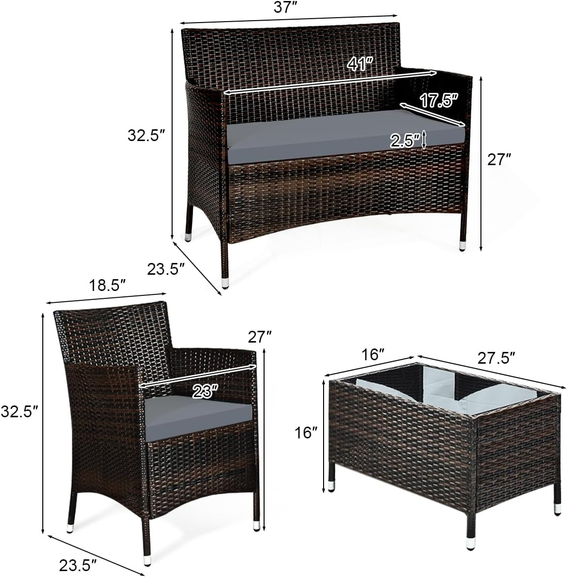 8PCS Rattan Patio Furniture Set, Outdoor Wicker Rattan Chairs with Coffee Table, Rattan Cushioned Conversation Set for Backyard Balcony Porch Poolside, Grey