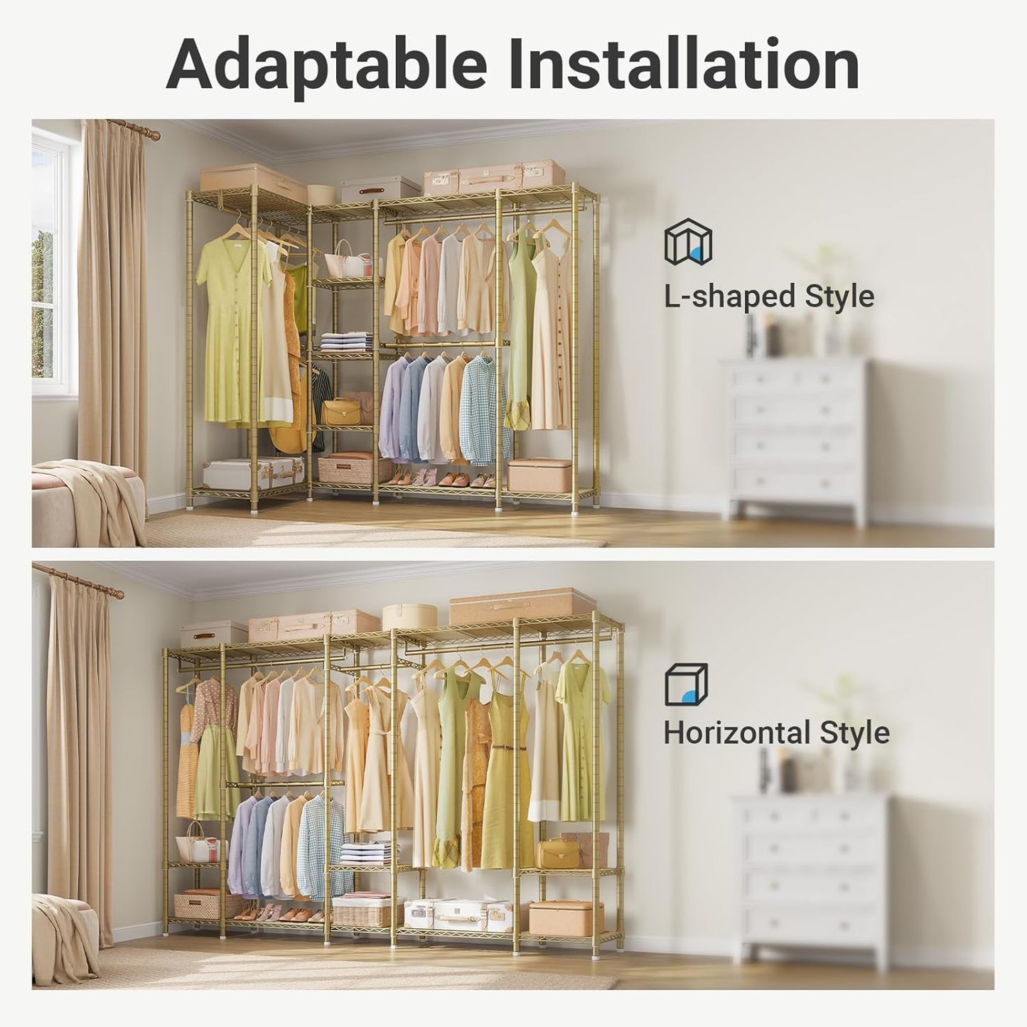V50 Closet Organizer System, Extra Large Heavy Duty Clothes Rack with Adjustable Shelves, Freestanding Modern Wardrobe for Bedroom, Walk-In Closet, Dressing Room, 1300 Lbs Capacity, Gold