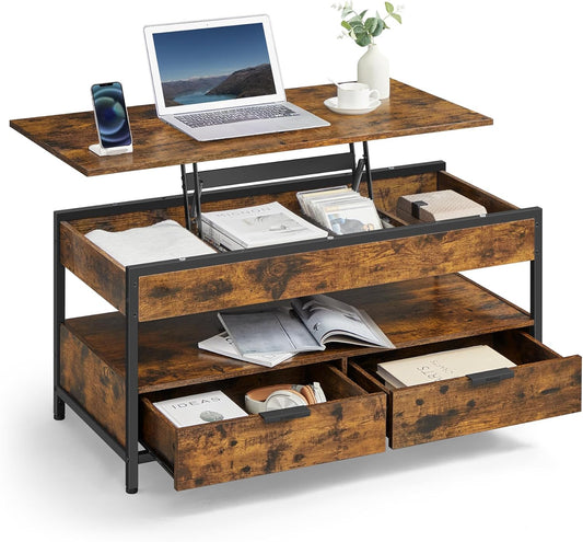 Lift Top Coffee Table with Storage Drawers, Coffee Table for Living Room with Lifting Top, Hidden Compartments and Open Shelf, Rustic Brown and Ink Black ULCT209K01