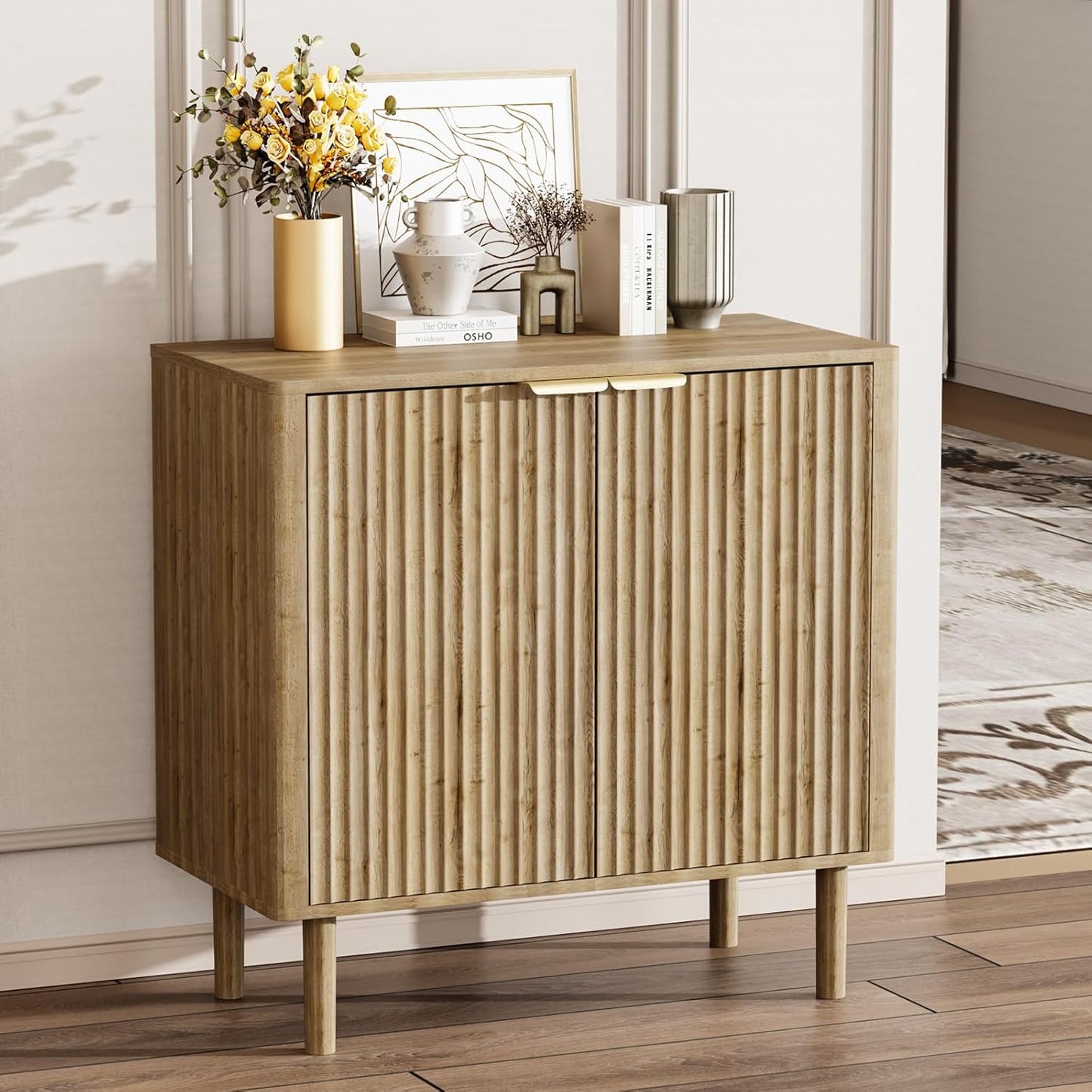 Sideboard Buffet Cabinet with Storage, Modern Fluted Accent Credenza with Doors & Adjustable Shelves, Wood Coffee Bar Console Table for Living Room, Dining Room, Kitchen or Entryway 31.5" Oak