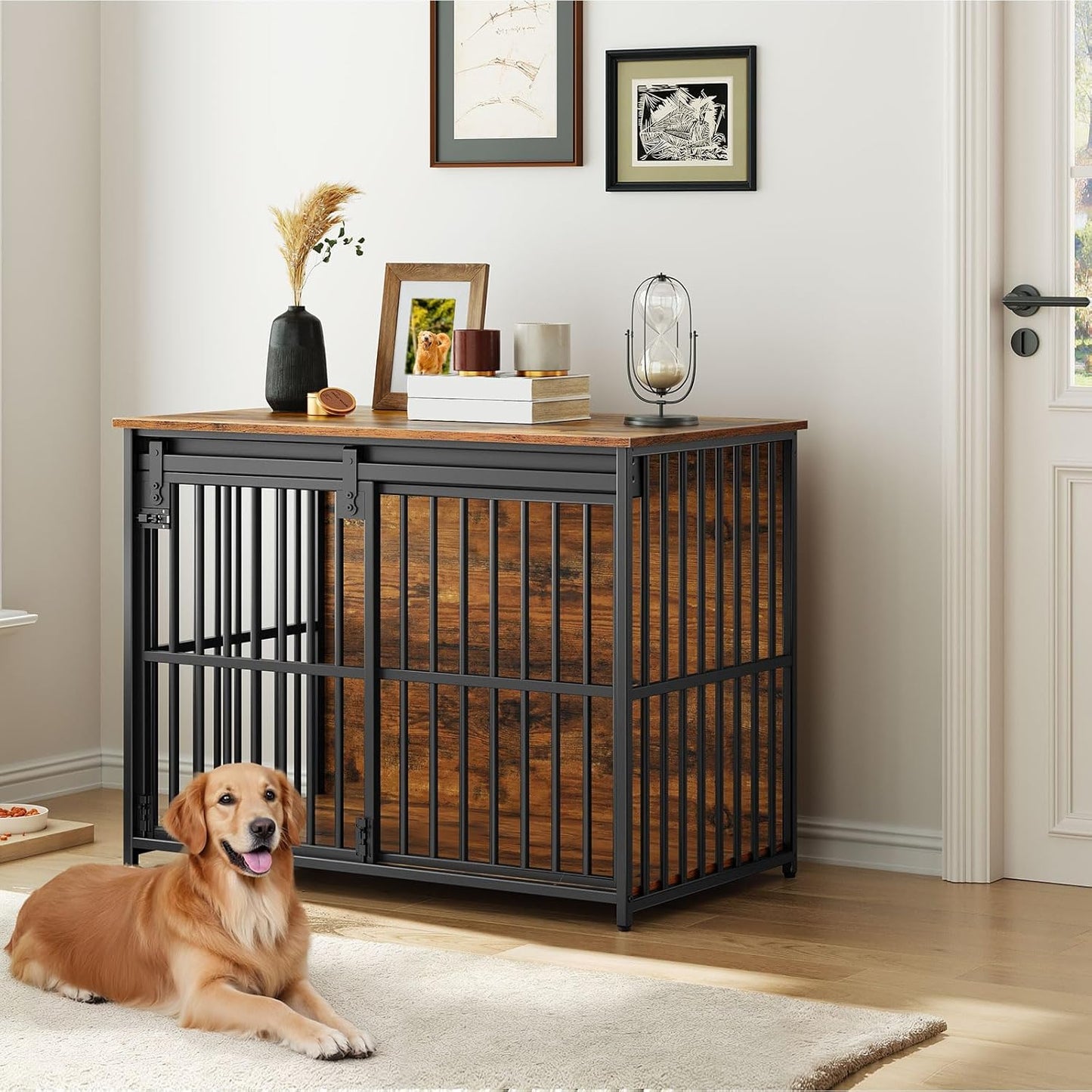 Dog Crate Furniture, 36.6" Heavy Duty Dog Kennel with Sliding Barn Door, Wooden Dog Cage Indoor, Decorative Side End Table for Small/Medium Dogs, White and Gold GD162GW03G1