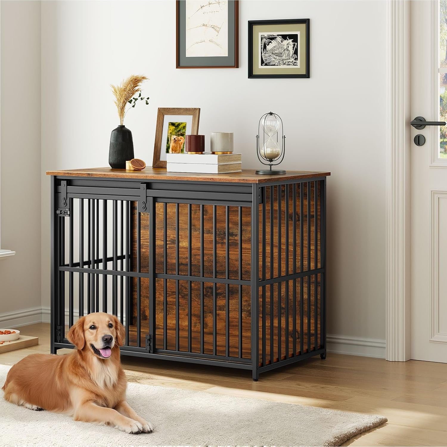 Dog Crate Furniture, 36.6" Heavy Duty Dog Kennel with Sliding Barn Door, Wooden Dog Cage Indoor, Decorative Side End Table for Small/Medium Dogs, White and Gold GD162GW03G1
