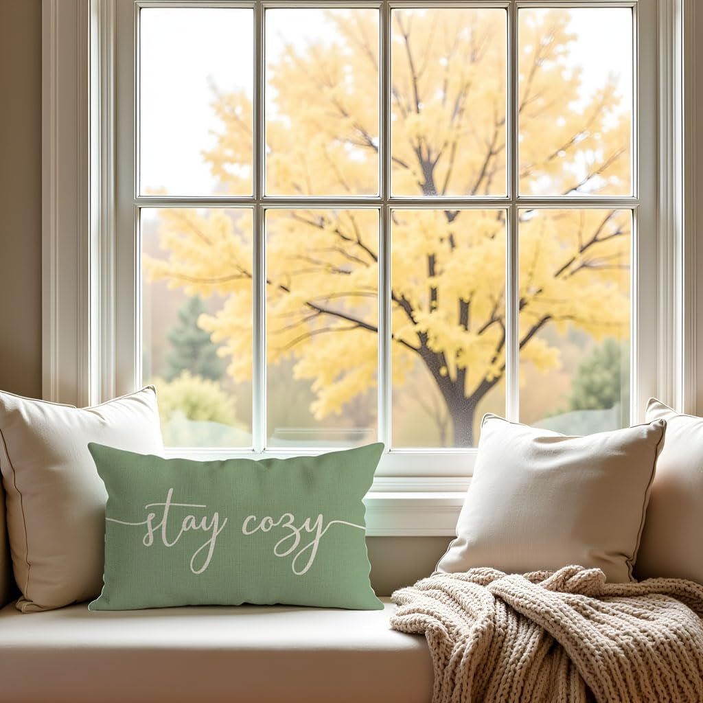 Stay Cozy Sage Green Pillow Cover 12X20 Inch, Lumbar Decorative Cushion Case for Sofa Couch or Bed, Rustic Farmhouse Home Decor for Living Room or Entryway Bench