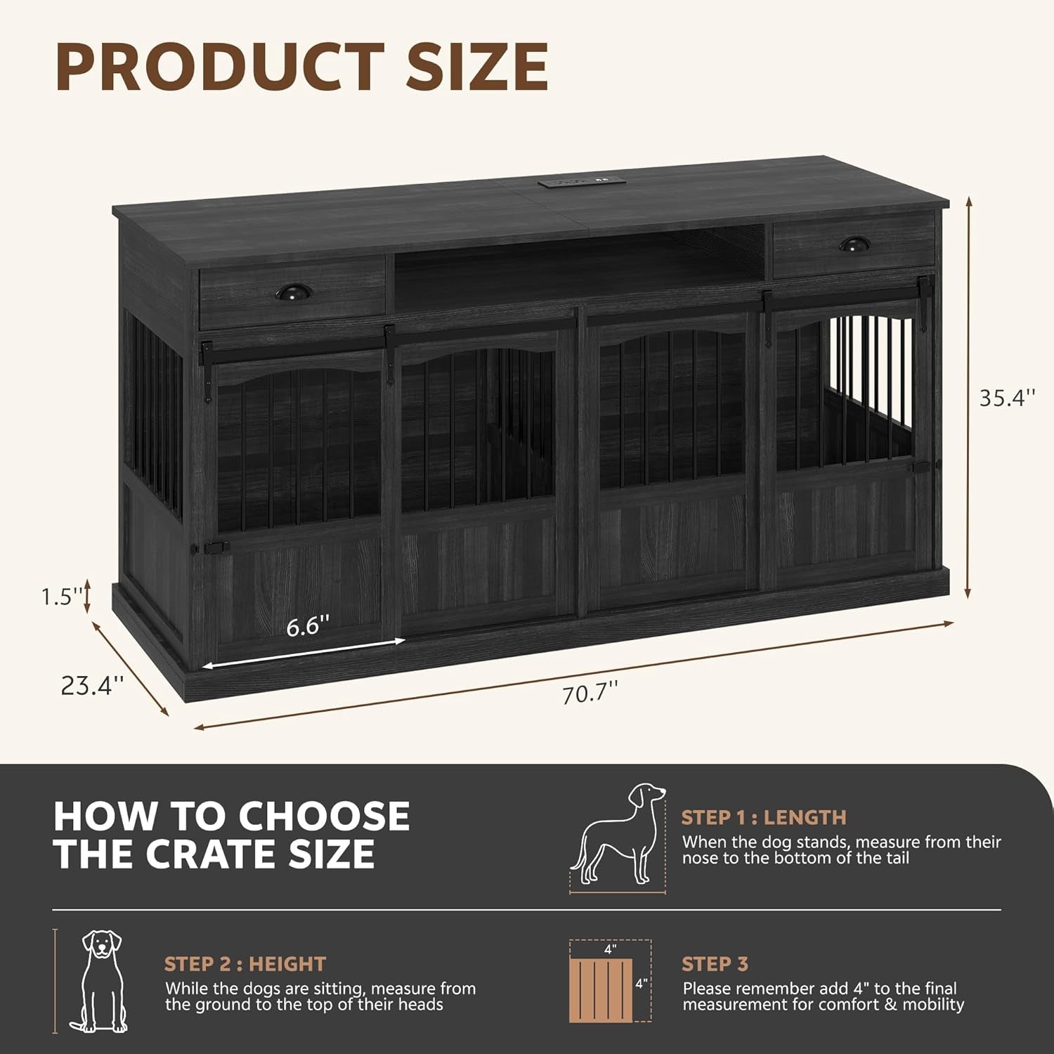 70.86" Double Dog Crate Furniture with Storage for 2 Medium Large Dogs Farmhouse Wooden Dog Kennel Furniture with 2 Sliding Doors Divider & Power Outlet Decorative Dog Cage TV Stand Dark Grey
