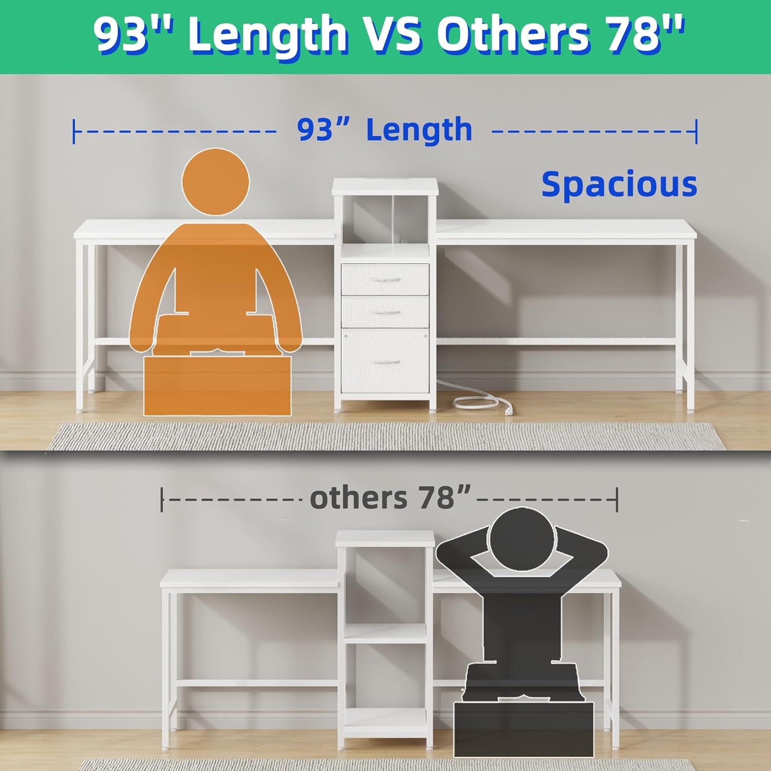 93'' Two Person Desk with Charging Station, Long Desk with 3 Drawers and Printer Shelf, Double Computer Desk, 2 Person Writing Study Table Workstation for Home Office, White