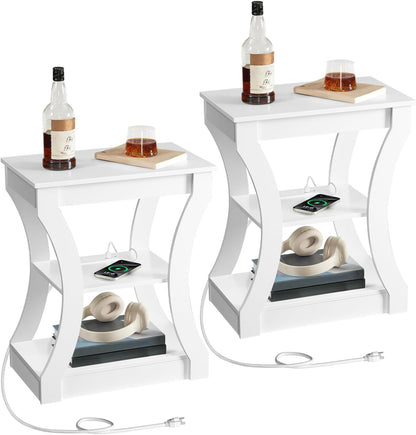 End Table Set of 2 with Charging Station, Side Table with USB Ports and Outlets, Nightstand, 3 Tier Bedside Table with Storage Shelf for Living Room, Bedroom, Small Space, White ETWT53E01S2