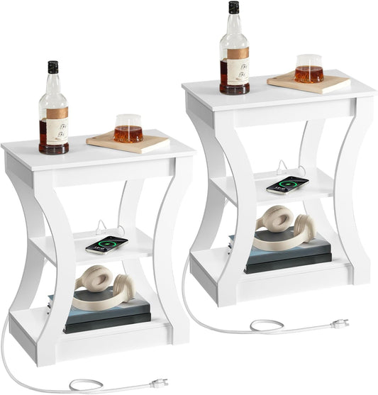 End Table Set of 2 with Charging Station, Side Table with USB Ports and Outlets, Nightstand, 3 Tier Bedside Table with Storage Shelf for Living Room, Bedroom, Small Space, White ETWT53E01S2