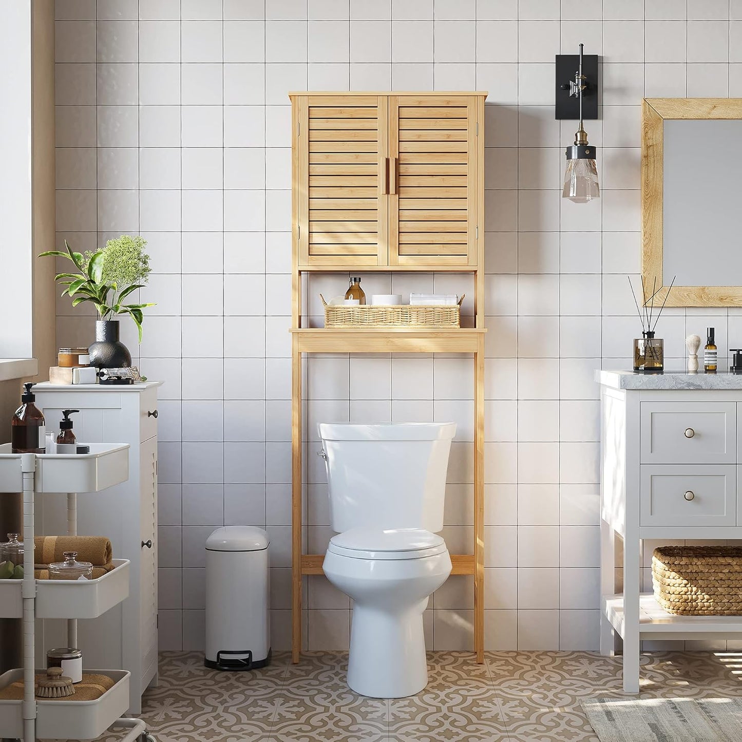 over the Toilet Storage Cabinet, Bathroom Cabinet with Adjustable inside Shelf and Bottom Stabilizer Bar, Space-Saving Toilet Rack, Natural Beige UBTS010N01