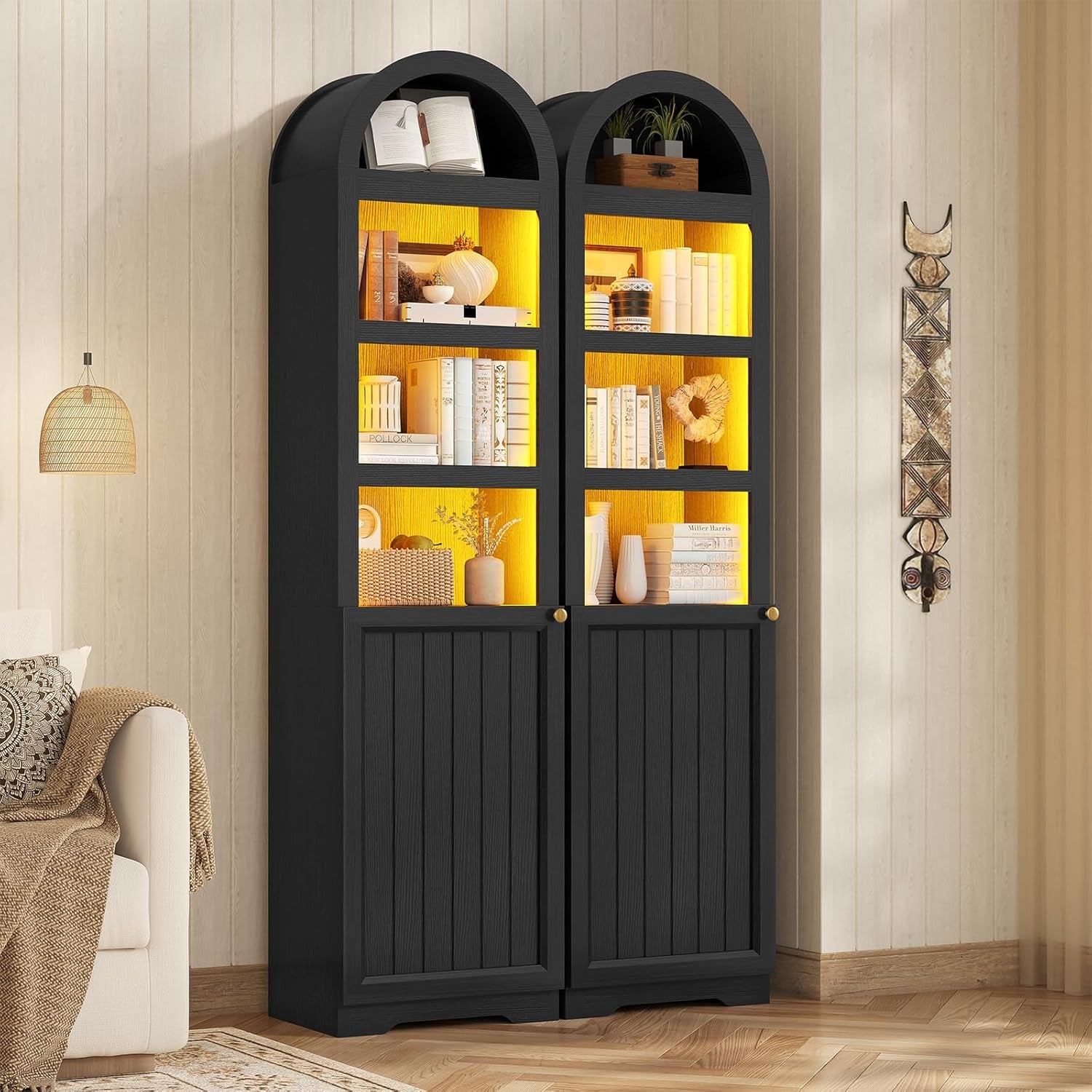 72" Tall Arched Narrow Bathroom Storage Cabinet with Lights, Slim Storage Cabinet with Adjustable Shelves for Small Spaces, Farmhouse Style (Tan)