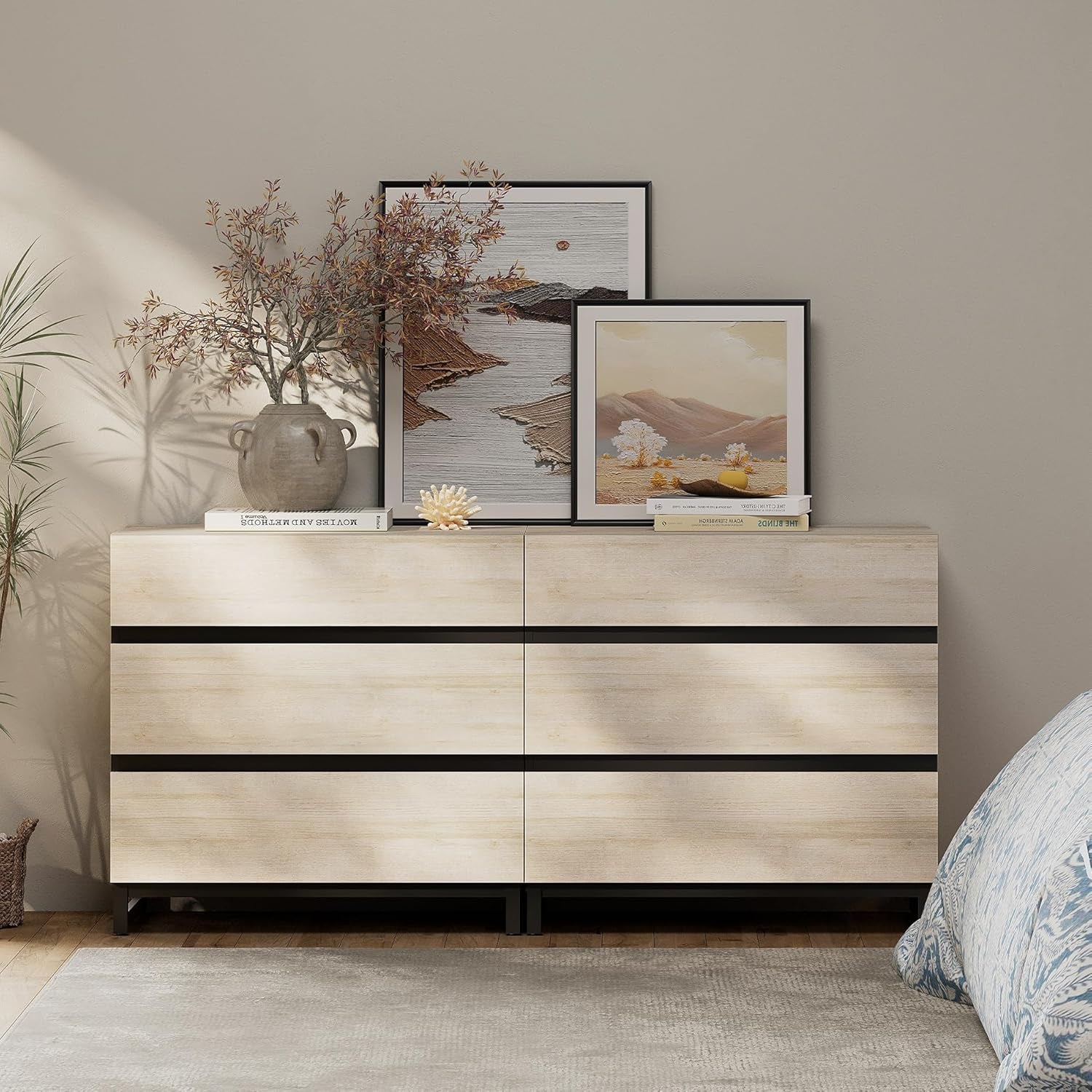 Dresser and Nightstand Set of 3, 63 Inches Dresser with 6 Drawers, 2 Nightstand with Drawer and Cabinet for Bedroom, Bedroom Furniture Set, Light Oak