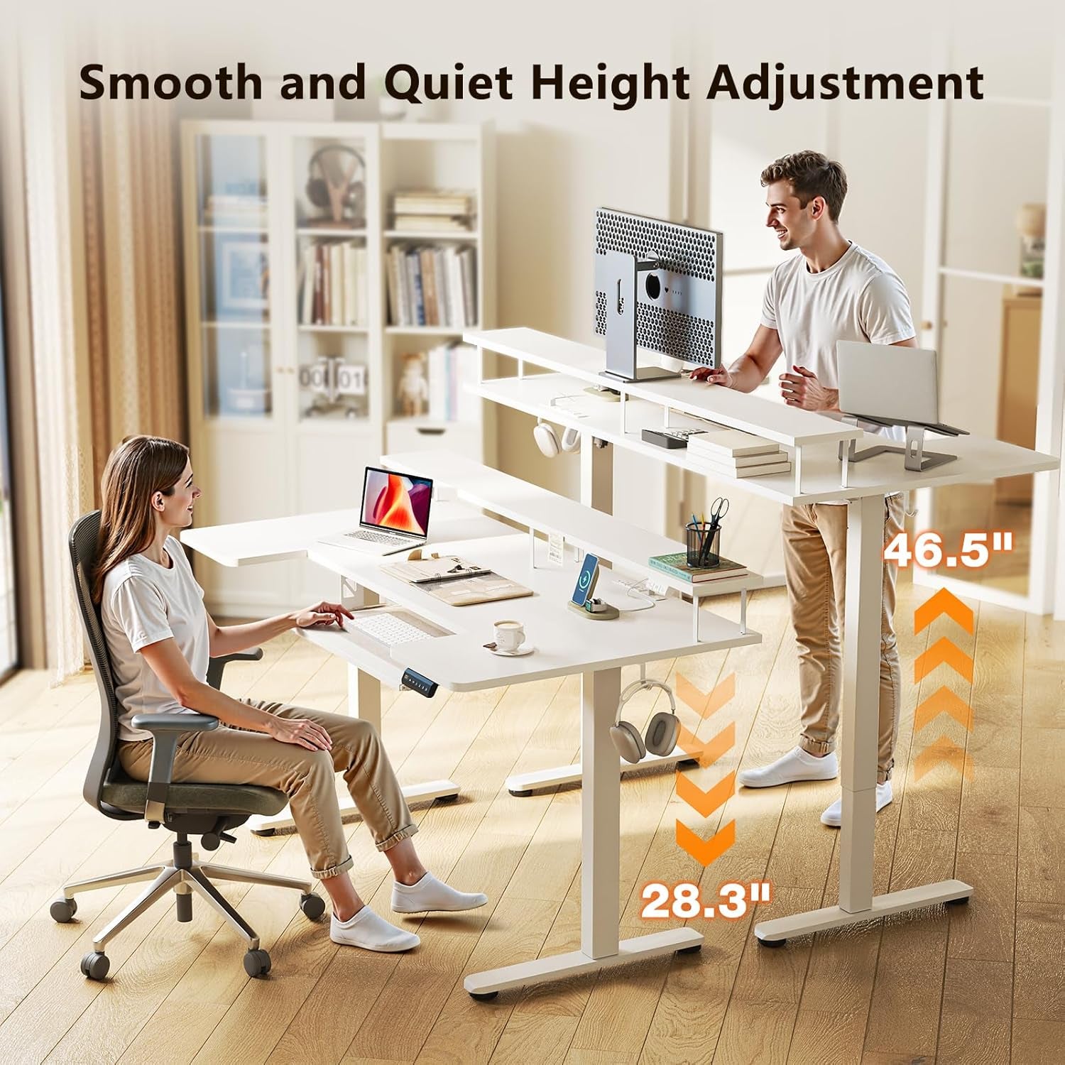 U Shaped Electric Standing Desk with Keyboard Tray, 55 Inch Height Adjustable Desk with Power Outlets & LED Lights, Sit Stand Table with Monitor Stand for Home, Office, White