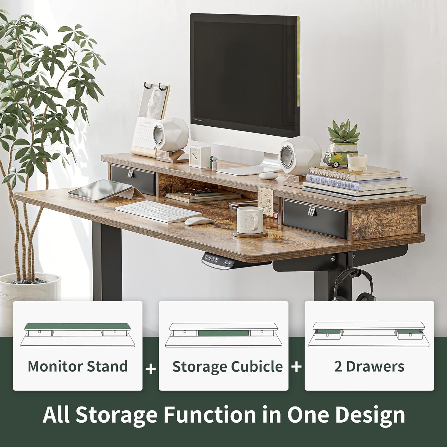 48 X 24 Inch Height Adjustable Electric Standing Desk with Double Drawer, Stand up Table with Storage Shelf, Sit Stand Desk, Rustic Brown
