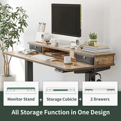 48 X 24 Inch Height Adjustable Electric Standing Desk with Double Drawer, Stand up Table with Storage Shelf, Sit Stand Desk, Rustic Brown