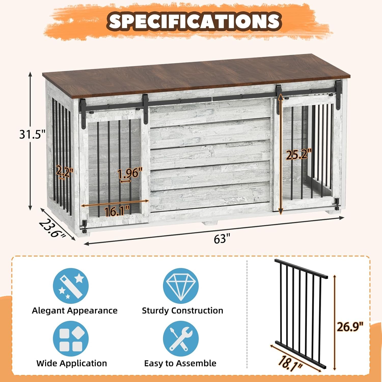 Dog Crate Furniture, 63''Wooden Dog Kennel with Removable Divider and Sliding Door, Dog Crates with Double Rooms, Heavy Duty Dog Crate Table Indoor TV Stand for Small Medium Large Dogs