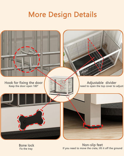 Wooden Dog Crate Furniture with Divider Panel, Dog Crate End Table with Fixable Slide Tray, Double Doors Dog Kennel Indoor for Dogs(Xl:43.2" L * 28.6" W * 30.3" H,White)
