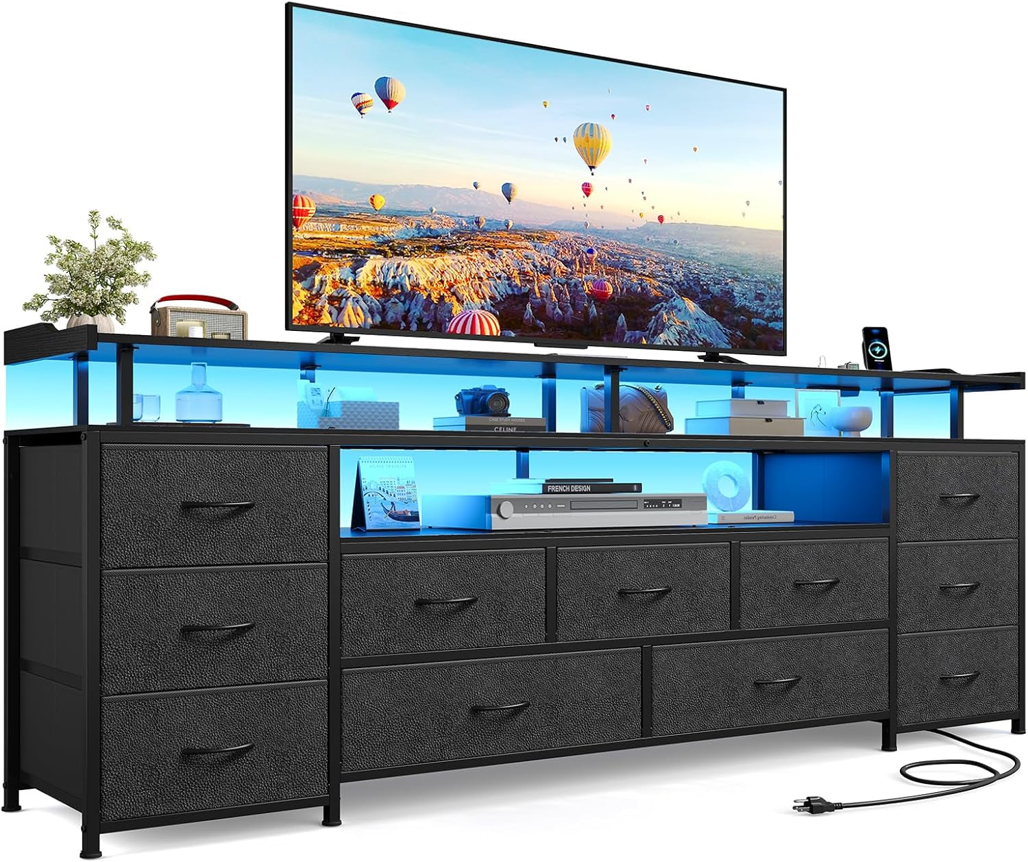 TV Stand for 65 Inch TV, 63" W TV Console Table with LED Lights & Charging Station, Long Dresser with 11 PU Drawers, Large Entertainment Center with Shelves for Bedroom,Black