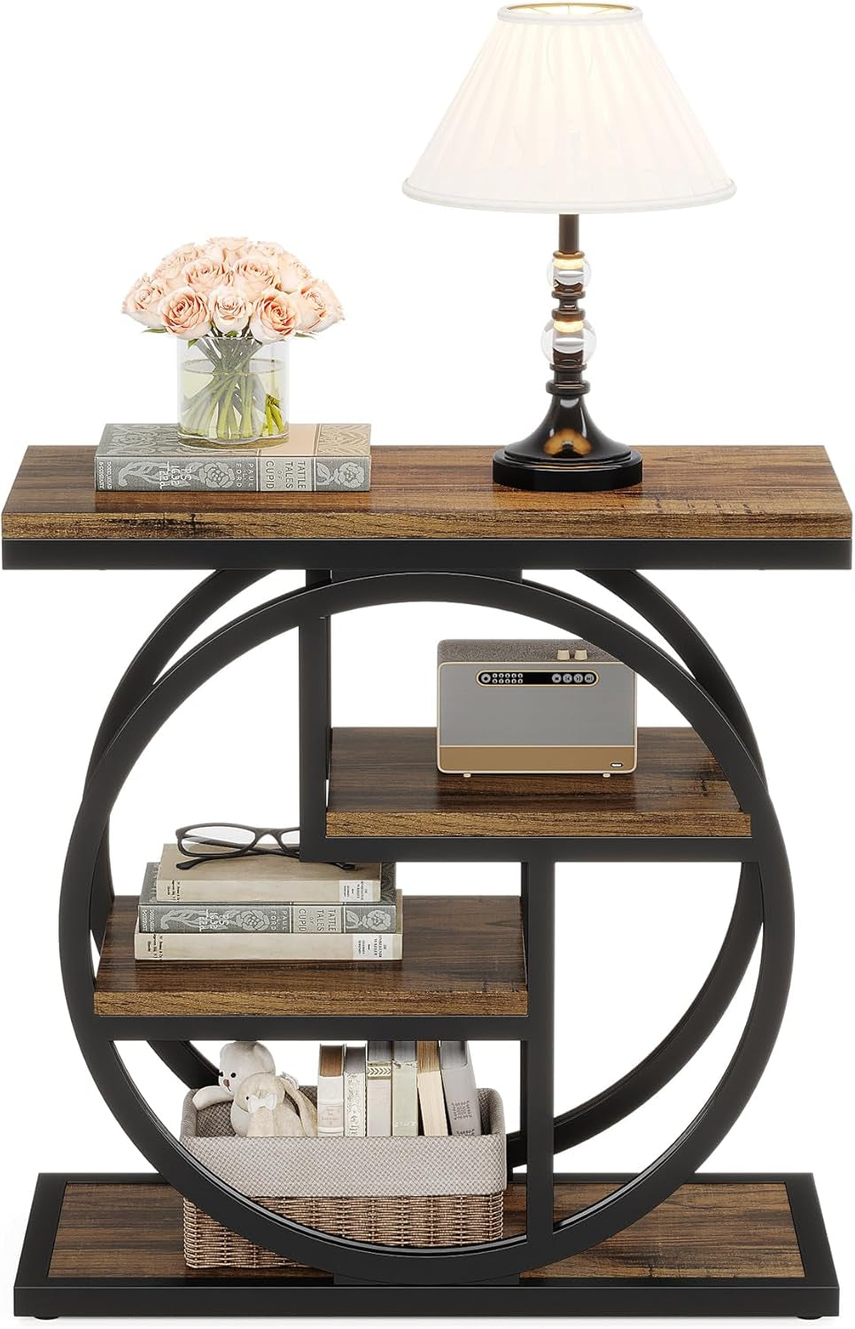 End Table for Living Room, 4-Tier Narrow Side Table with Storage Shelves, Industrial Bedside Table for Bedroom, Wood Small Sofa Side Table with Geometric Metal Frame (1 PC, Rustic Brown)